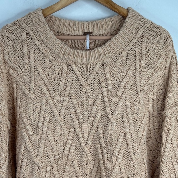 Free People Sweater L Isla Cable Knit Tunic Oversized Slouchy Boho Fisherman Tan - Picture 5 of 13